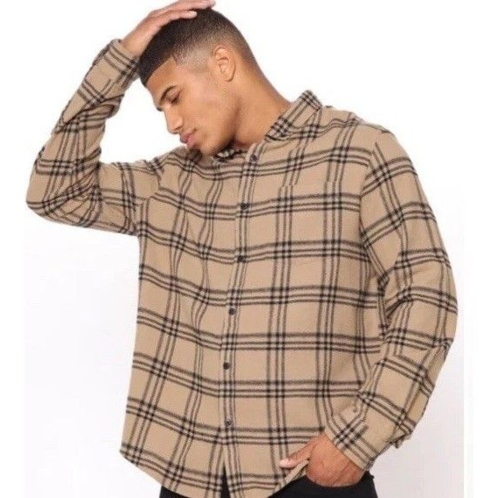 Fashion Nova Men Khaki Combo Flannel Long Sleeve Plaid Bottom Up Shirt XL Black